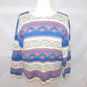 VTG ASHLEY Womens M Hand Embroidered Floral Crew neck Sweater Blue Pink